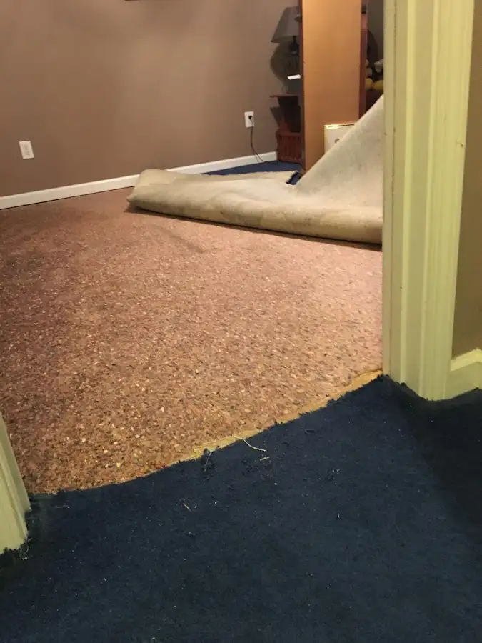 Carpet pad removal revealing water damage during Water Mitigation Services in Dahlonega